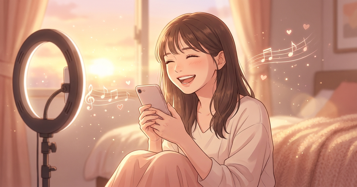 スマホの前で楽しそうに歌い、画面の向こうへ歌を届ける女性シンガー