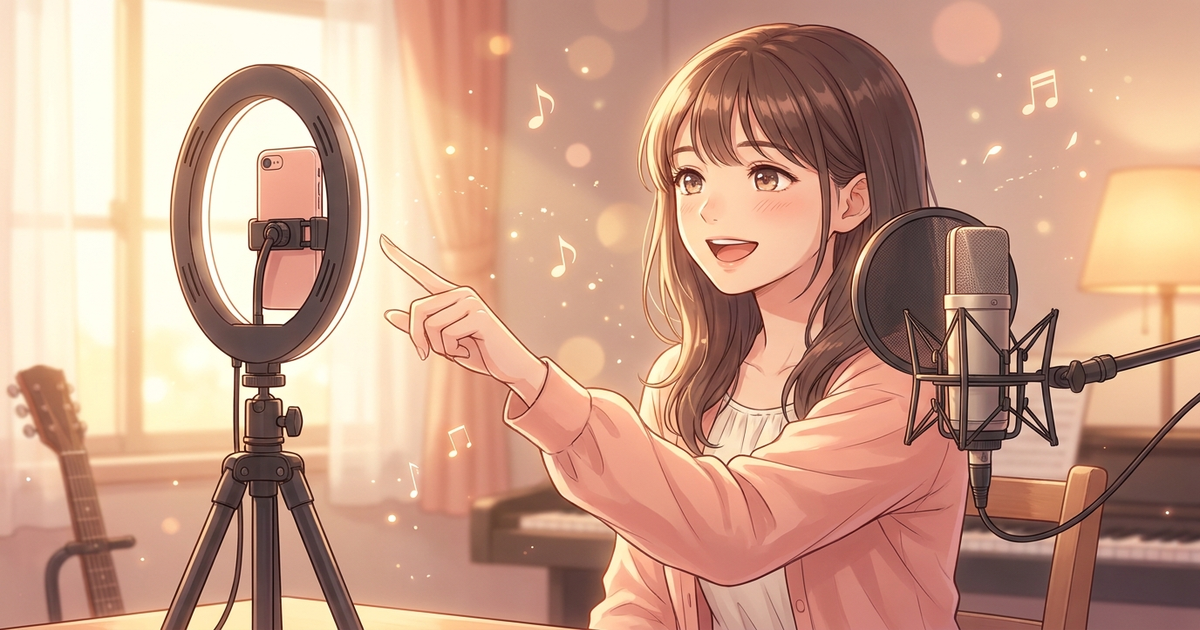 スマホを三脚にセットして歌枠配信を始めようとする女性シンガー