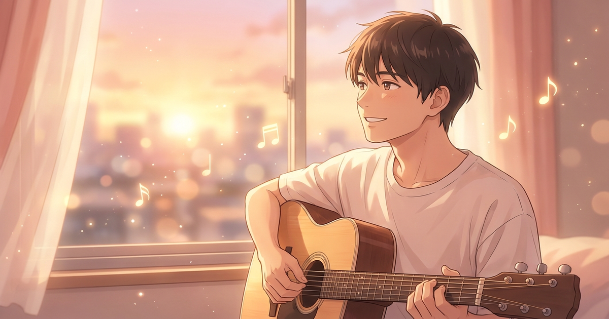 窓辺でギターを抱え音楽で生きる未来を思い描く男性シンガー