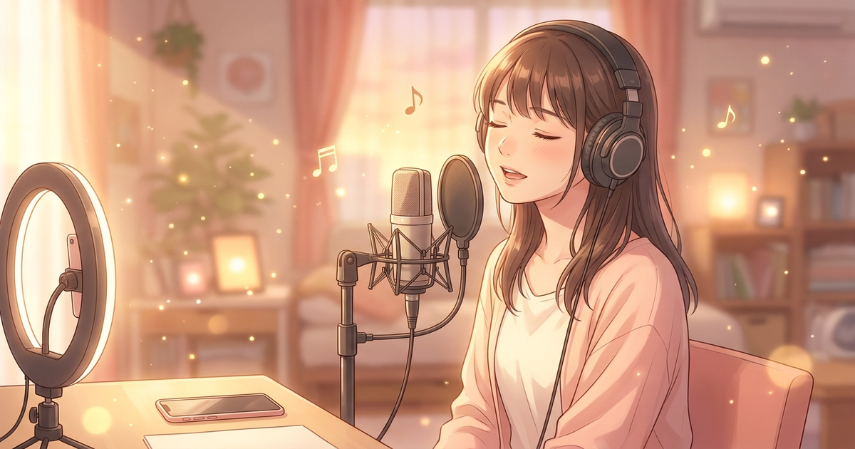 自宅でヘッドホンをつけて歌に集中するColorSing向きのシンガー