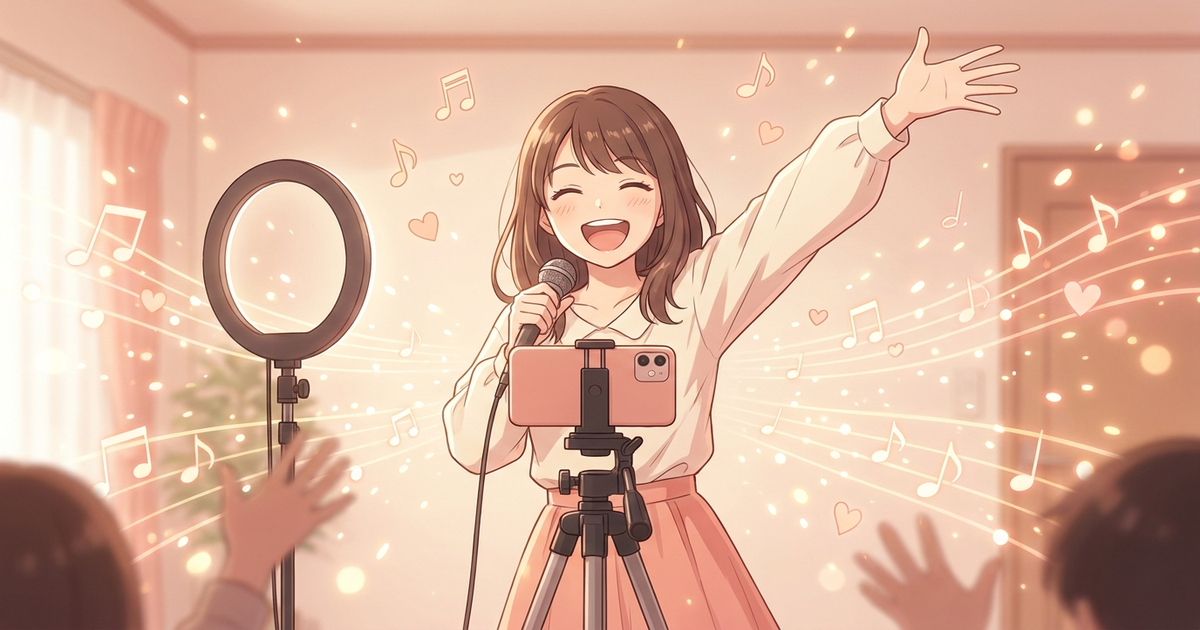 スタジオでスマホ三脚の前に立ち笑顔で歌うTikTok LIVE向きのシンガー