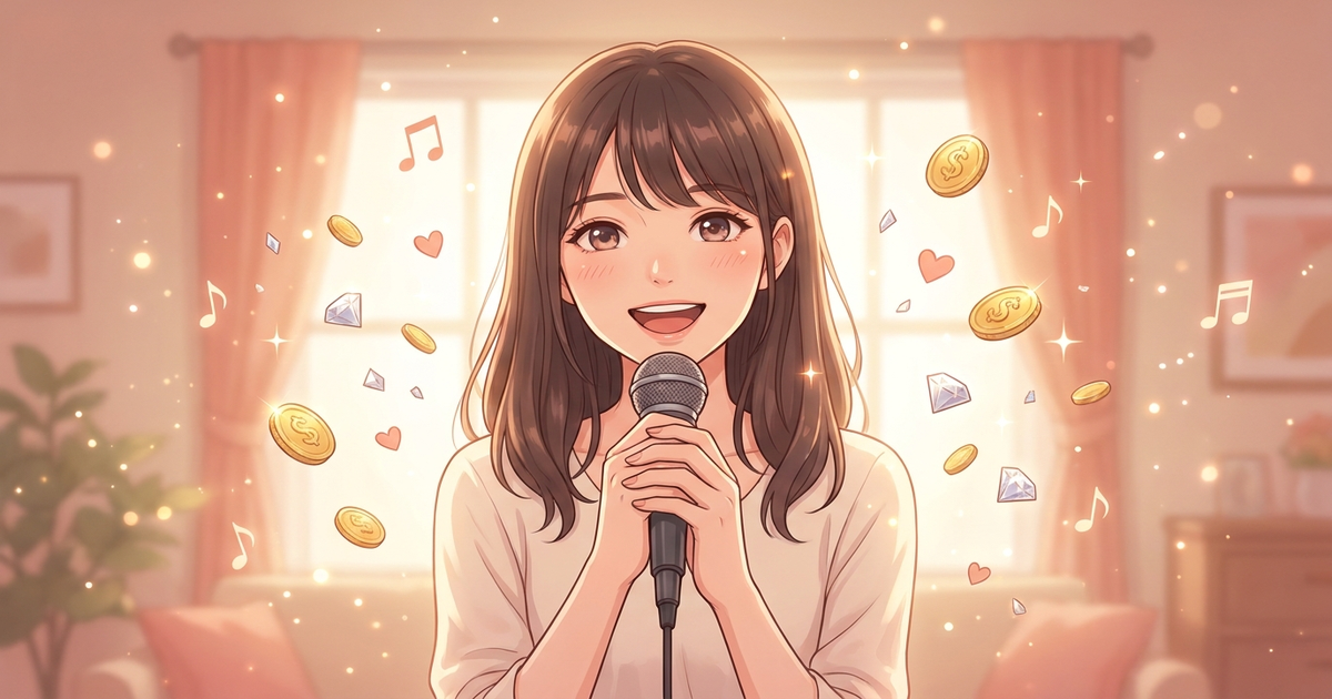 歌うことが収益につながる喜びを表現した女性シンガー