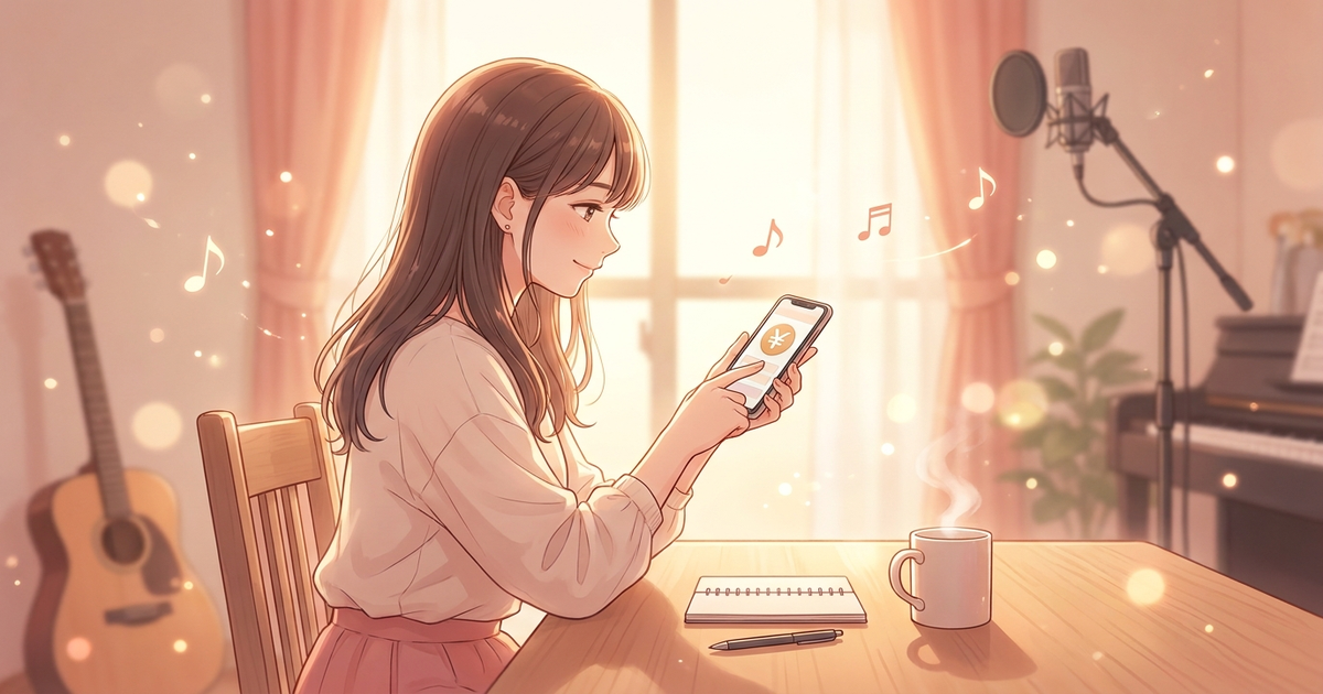 貯まった収益を確認して穏やかに微笑む女性シンガーのイメージ