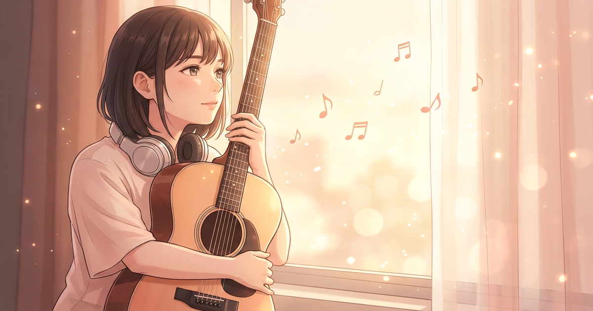ギターを抱え音楽活動に思いを馳せる女性シンガーのイメージ