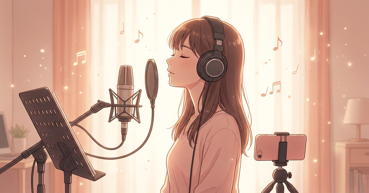 ヘッドホンとコンデンサーマイクで発声準備をする女性
