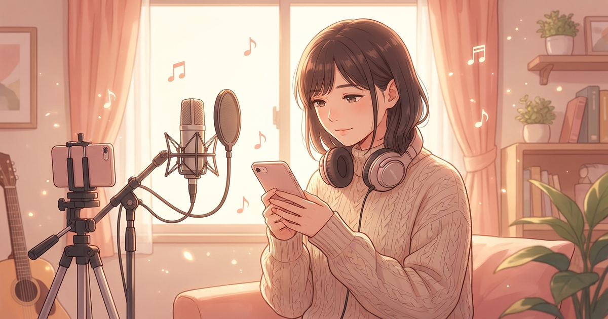 自宅でヘッドホンを首にかけスマホの設定画面を落ち着いて確認する女性シンガー