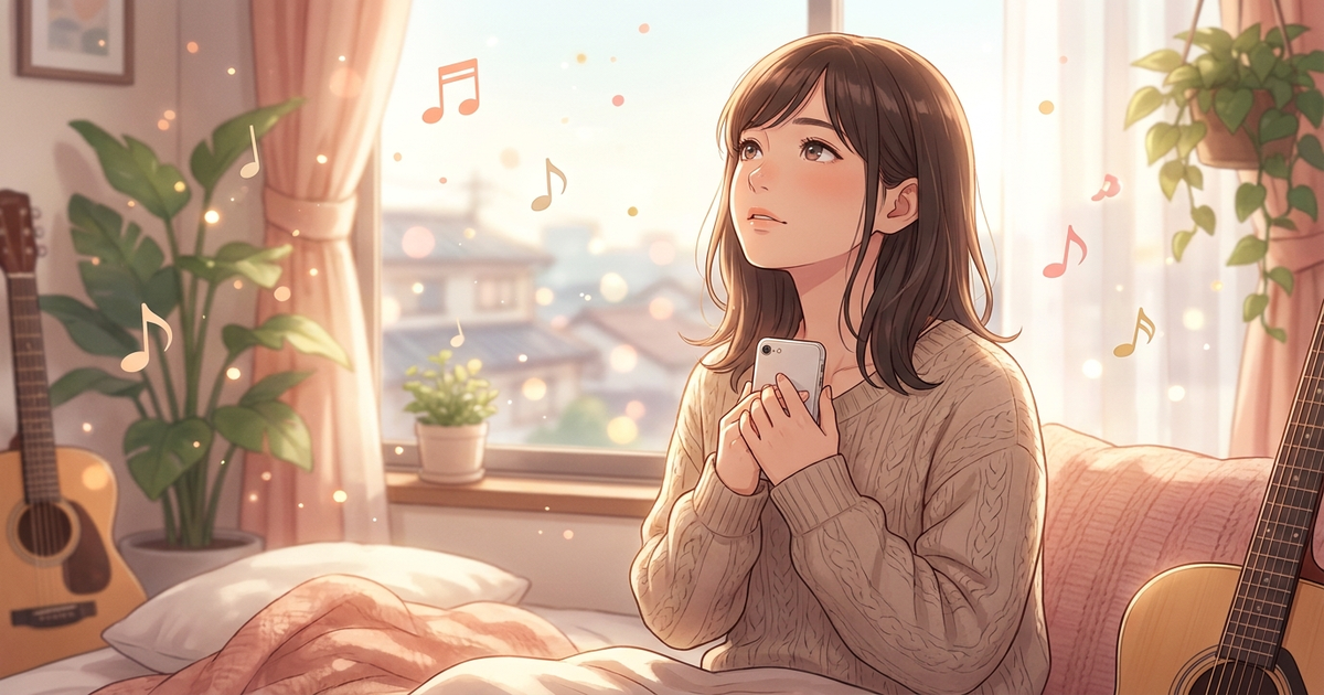 窓辺でスマホを胸に抱え少し考え込む女性シンガー