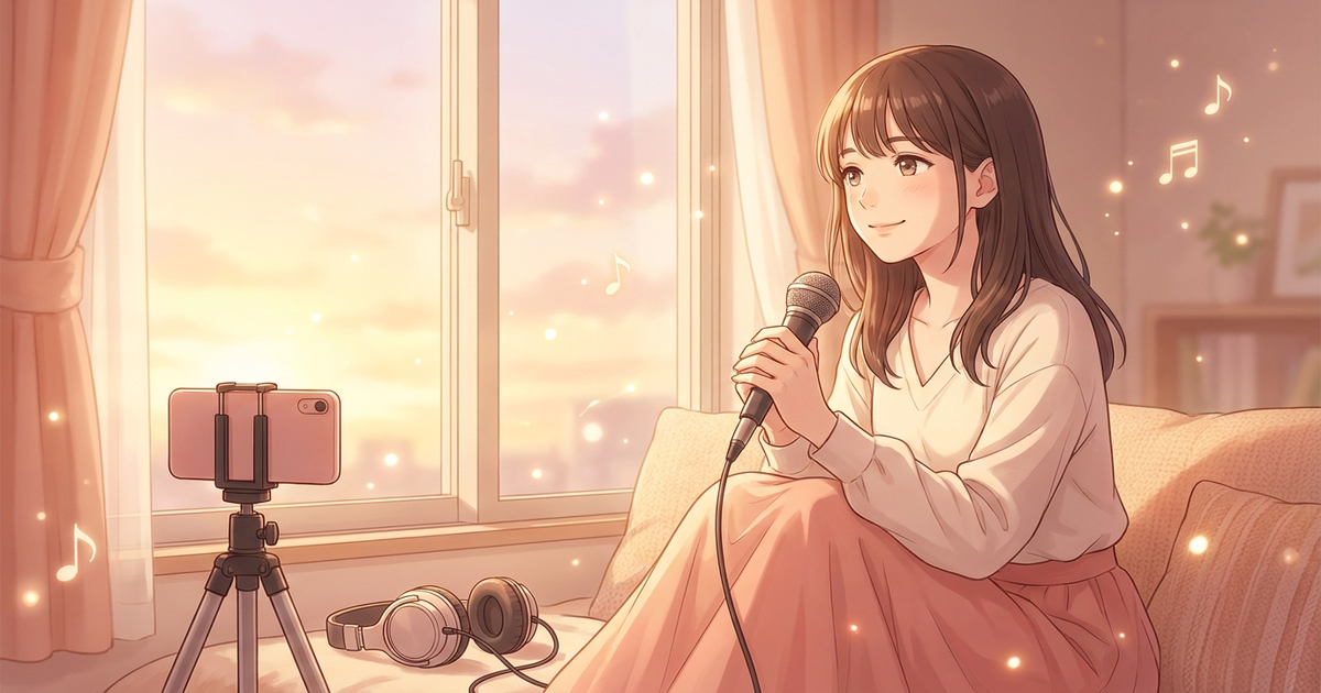 窓辺の夕光の中で配信スタイルを考える前向きな女性シンガー