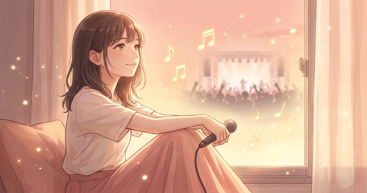 窓辺で夢と未来に思いを馳せる女性シンガーと遠くのライブステージ