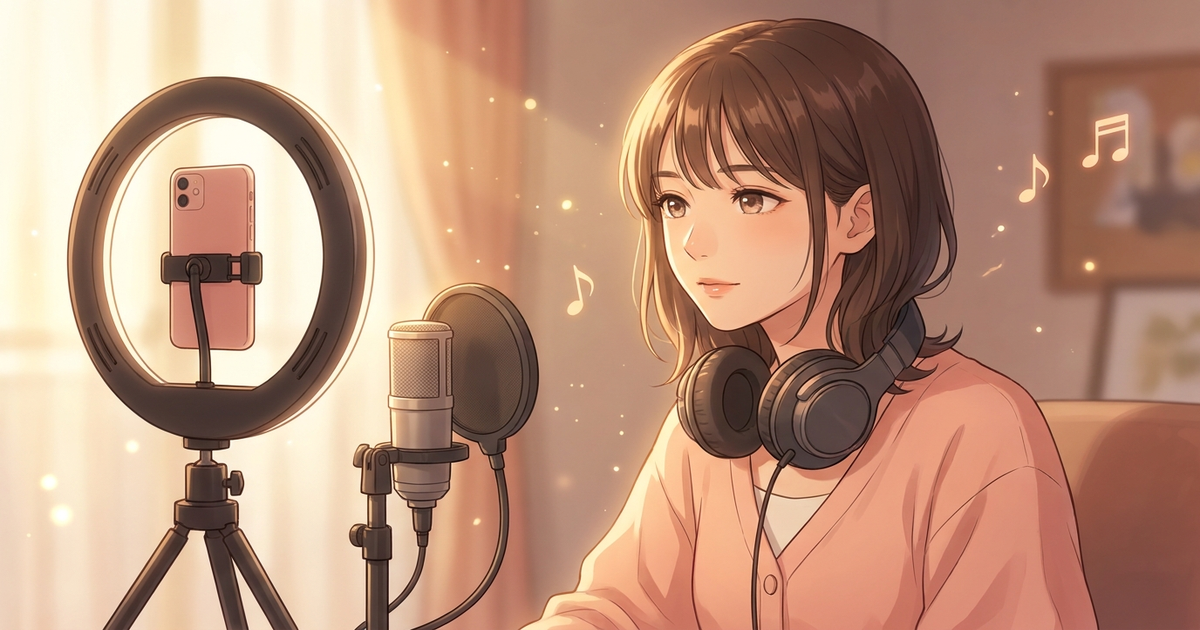 自宅スタジオでTikTok LIVEの配信準備を整える女性シンガー