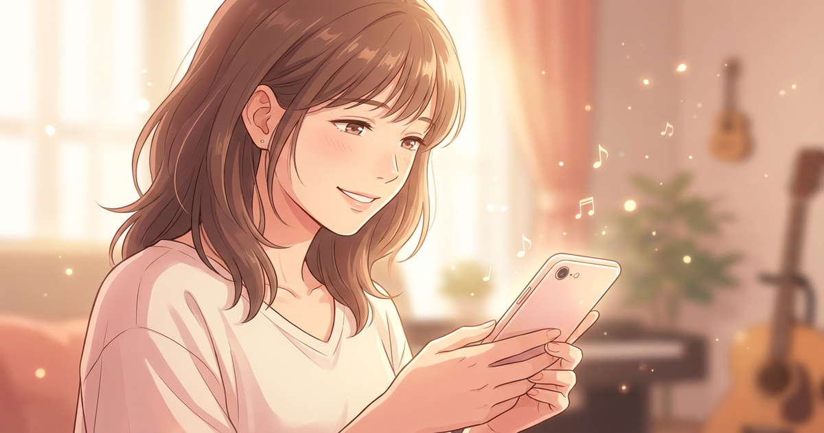 スマホを見て条件が大丈夫だと気づき安心する女性シンガー
