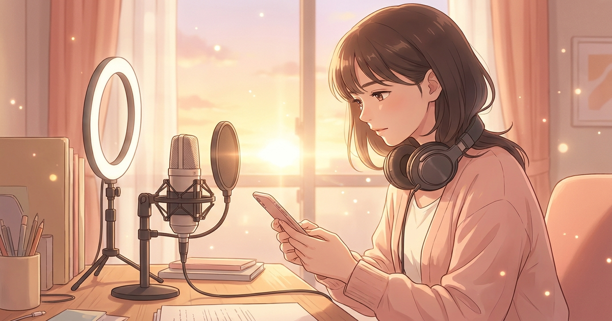 配信部屋でスマホを見つめ事務所を慎重に見極める女性シンガー