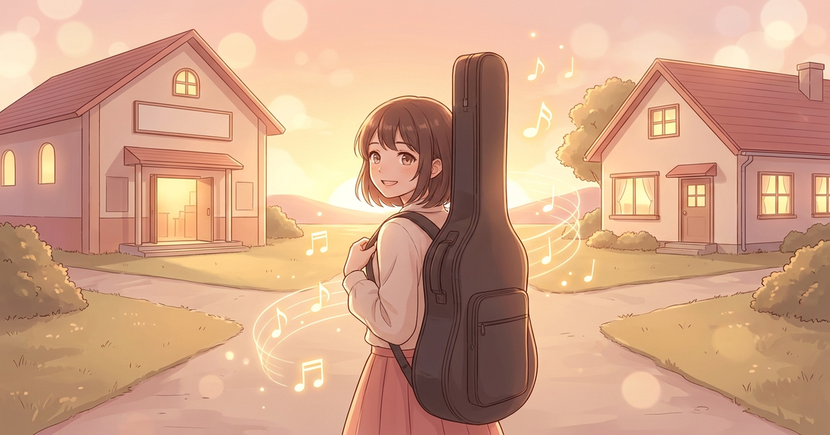 夕暮れの分かれ道で音楽ホールと配信部屋を前に振り返るギターケースを持つ女性