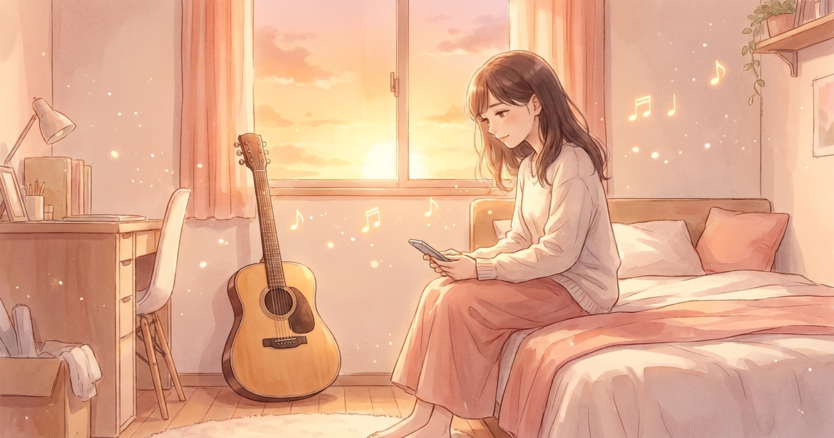 夕暮れの部屋でスマホを手に静かに振り返るギターを持つシンガー